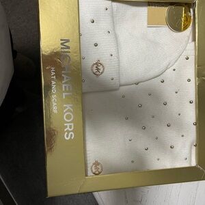 Michael Kors Cream Hat and Scarf Set with Gold Accents